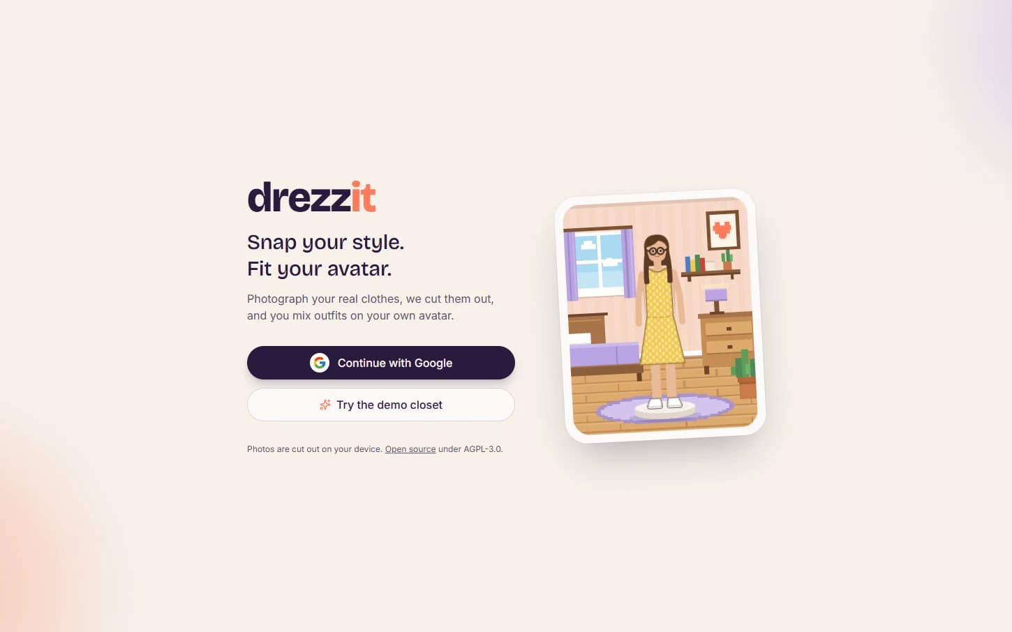 drezzit sign-in page with the tagline “Snap your style. Fit your avatar.”, a Continue with Google button, and a cartoon avatar in a yellow dress standing in a pixel-art bedroom