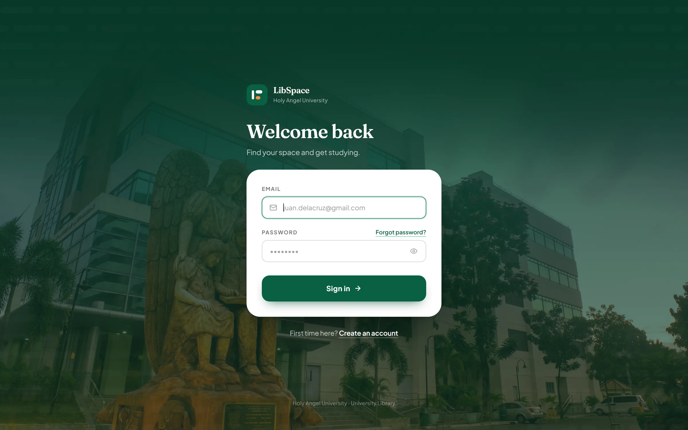 LibSpace sign-in screen with the sign-in form centred over a green-tinted photograph of the Holy Angel University library.