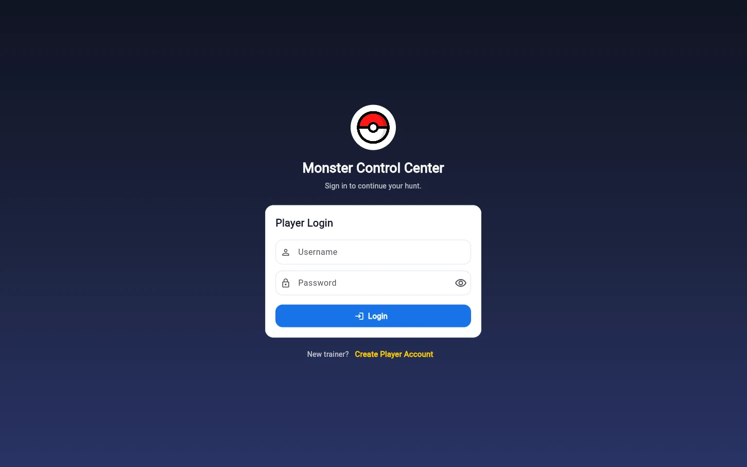Monster Control Center login screen on a dark blue background, with a red-and-white ball logo, a Player Login card with username and password fields, and a Create Player Account link