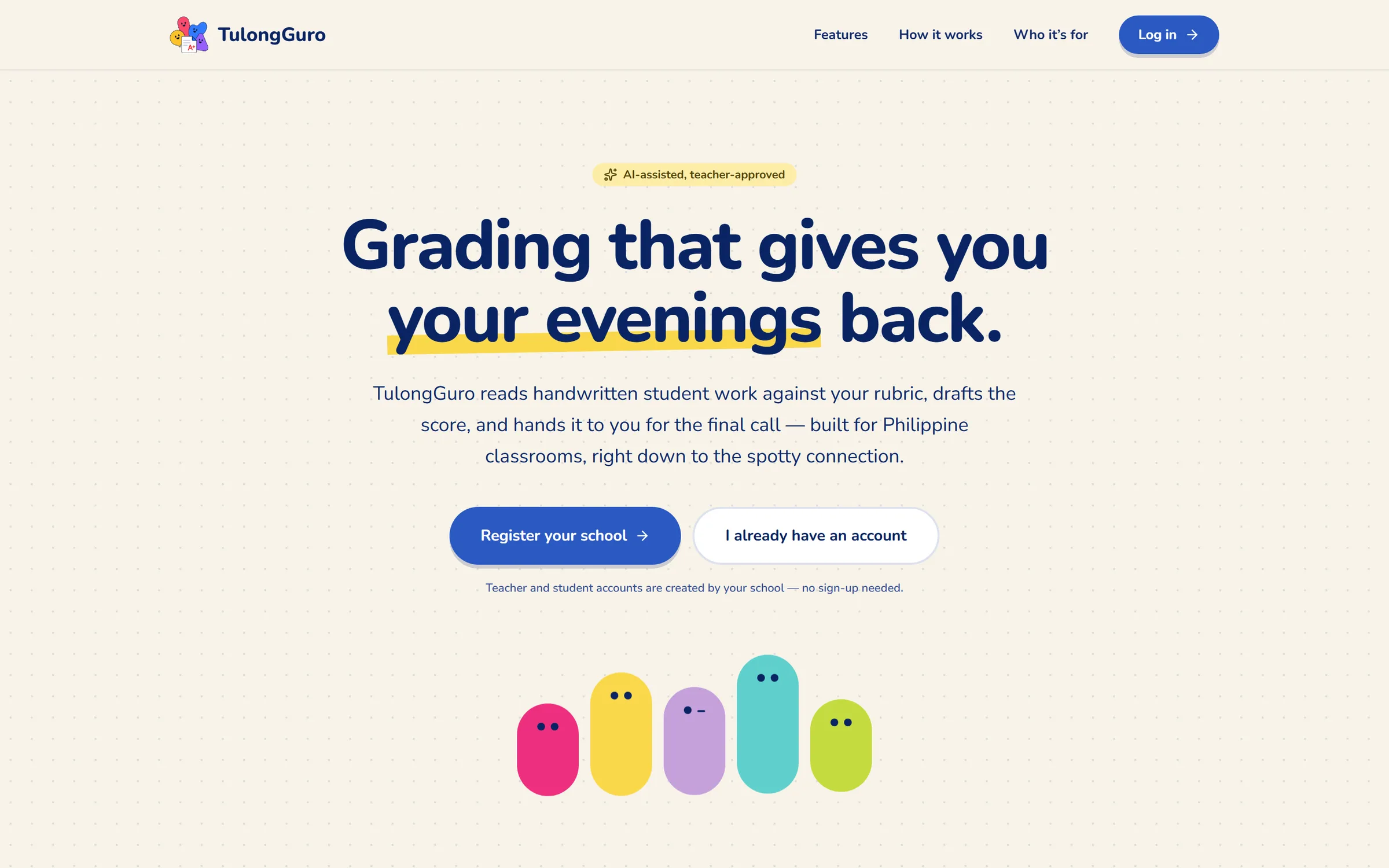 TulongGuro landing page with the headline “Grading that gives you your evenings back.”