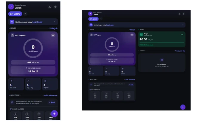 WorkBud dashboard on phone and desktop, showing the hours progress ring, expected finish date, budget and milestones.