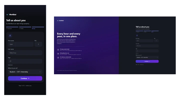 WorkBud onboarding screens for setting up a profile and first job.
