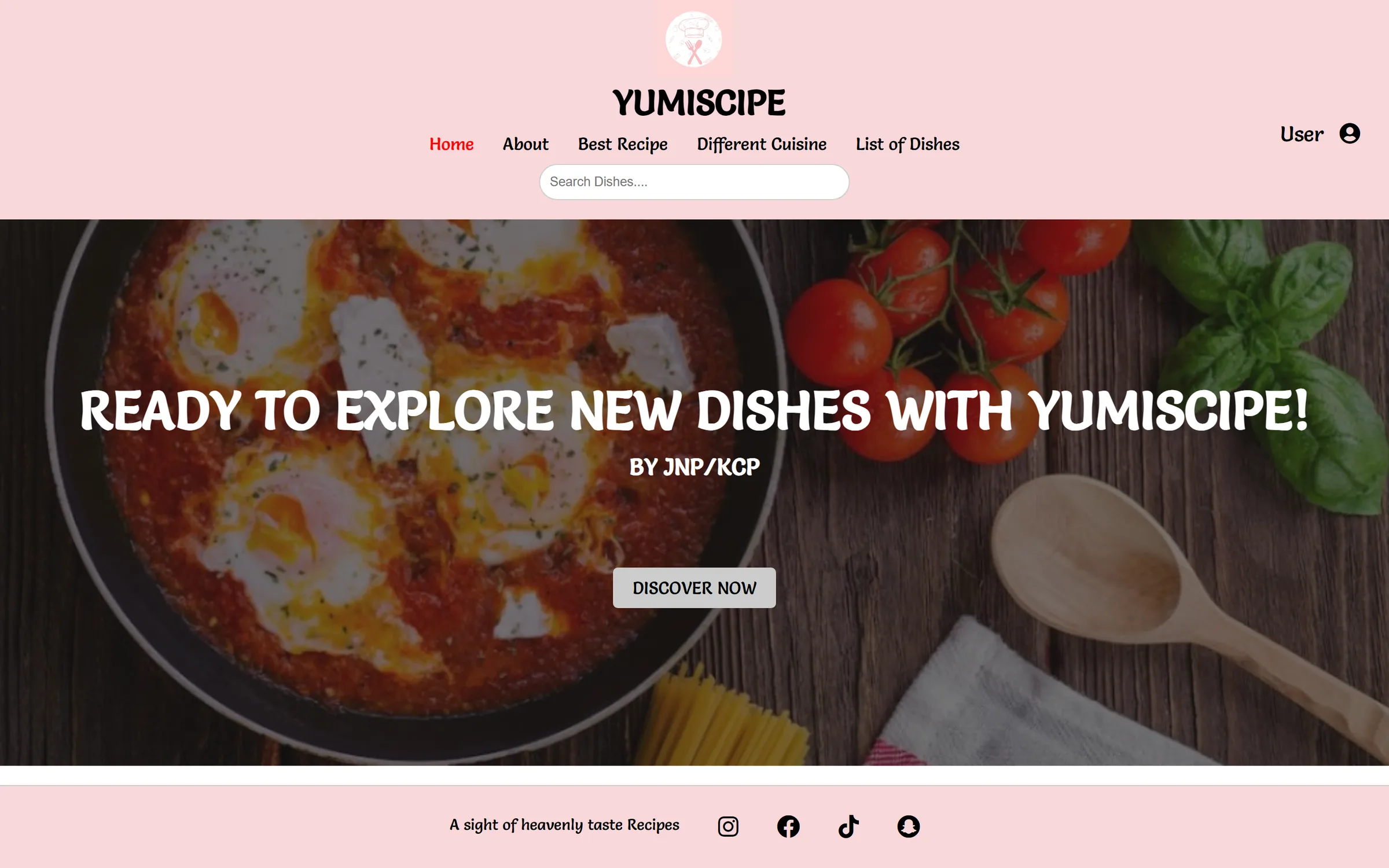 Yumiscipe home page with a pink header, navigation, and a banner reading “Ready to explore new dishes with Yumiscipe!”